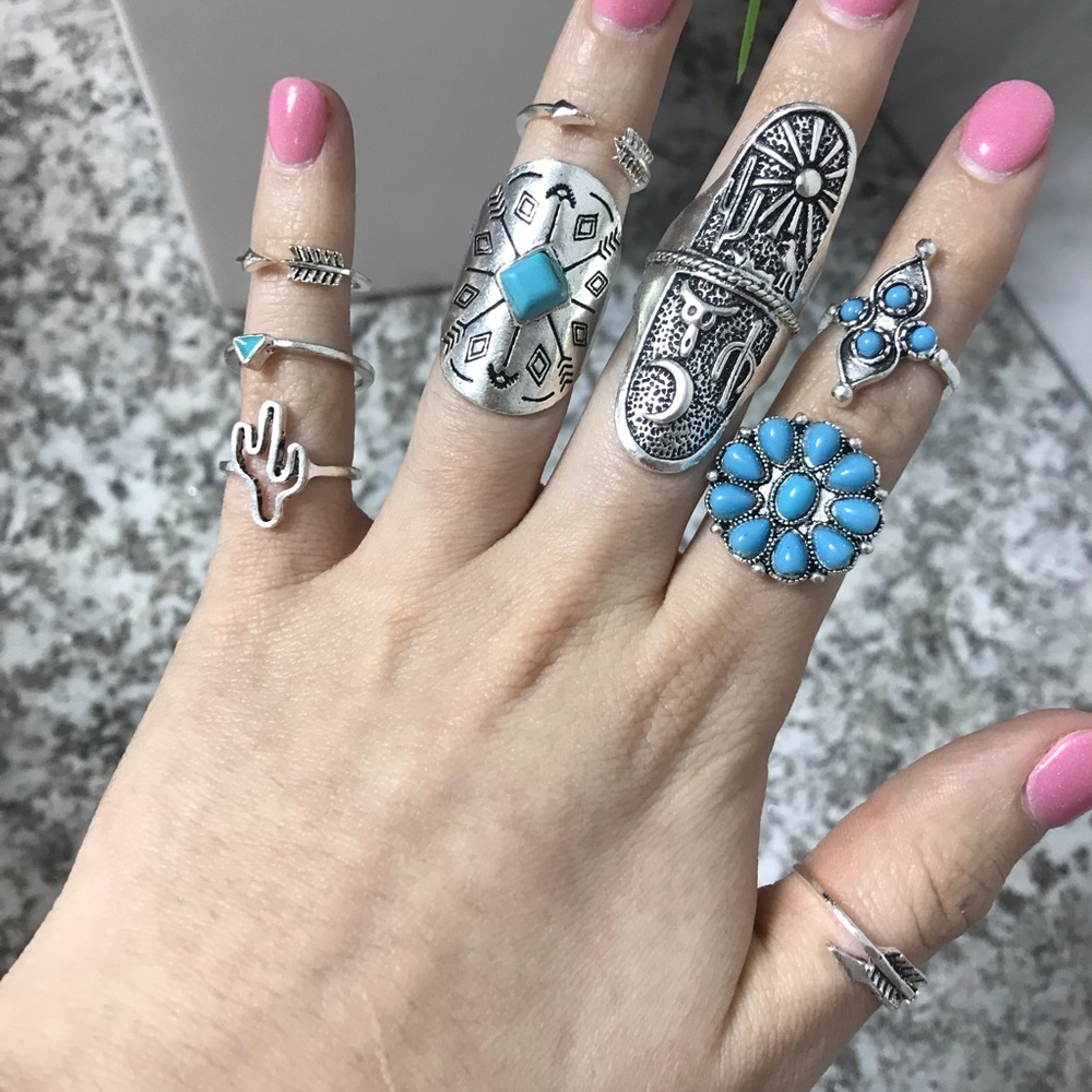 9 Piece Bohemian Turquoise Ring Set - Picture 4 of 8